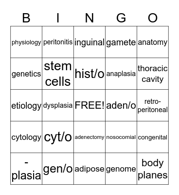 Ch 2 Medical Terminology  Bingo Card