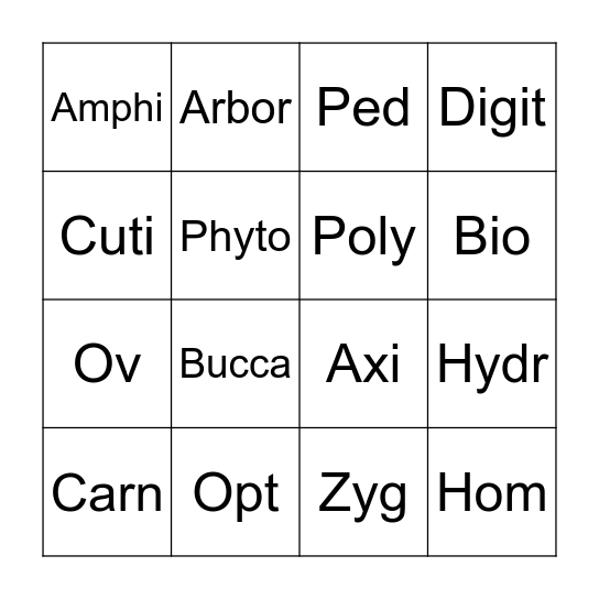 Latin Roots Bingo Card