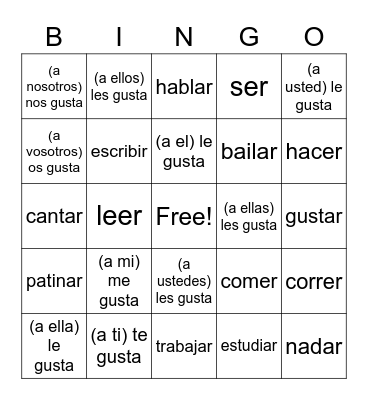 Spanish Words Bingo Card