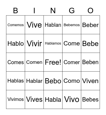 Spanish Words Bingo Card