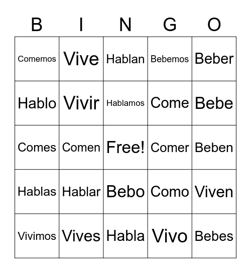 Spanish Words Bingo Card