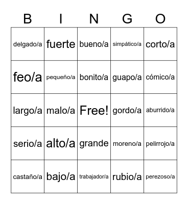 Spanish Words Bingo Card
