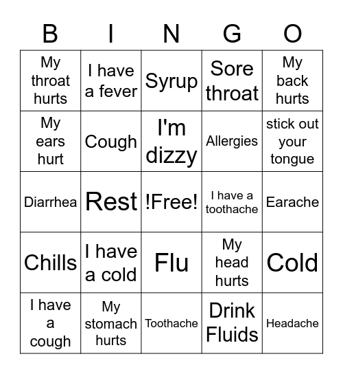 Symptoms Bingo Card