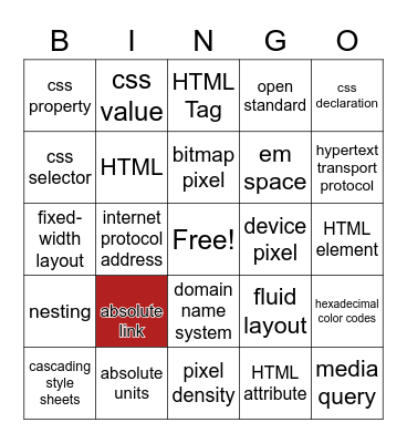 Web Design Vocab Bingo Card