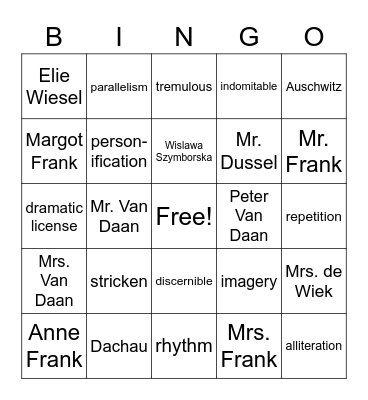 Anne Frank's Legacy Bingo Card