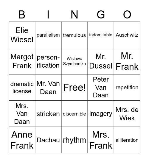 Anne Frank's Legacy Bingo Card