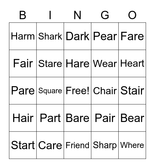Sight Words Bingo Card