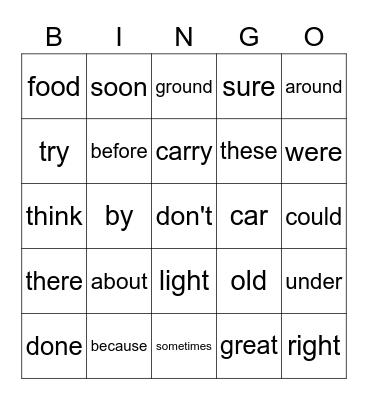 Vocabulary Bingo Card