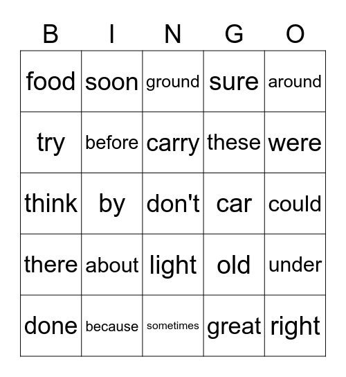 Vocabulary Bingo Card