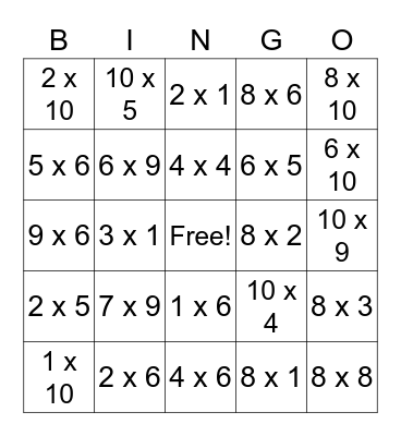Multiplication Bingo Card