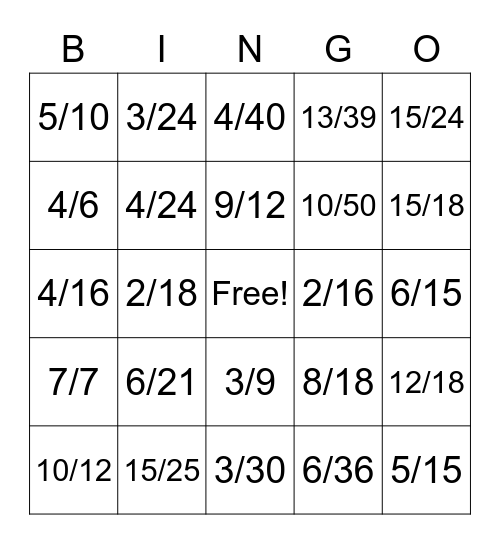 Equivalent Fraction Bingo, Fractions to Decimals Bingo Card