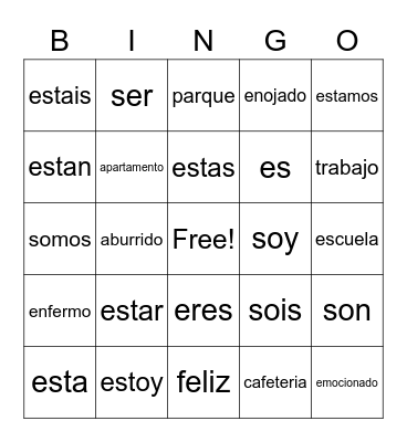 Spanish Words Bingo Card