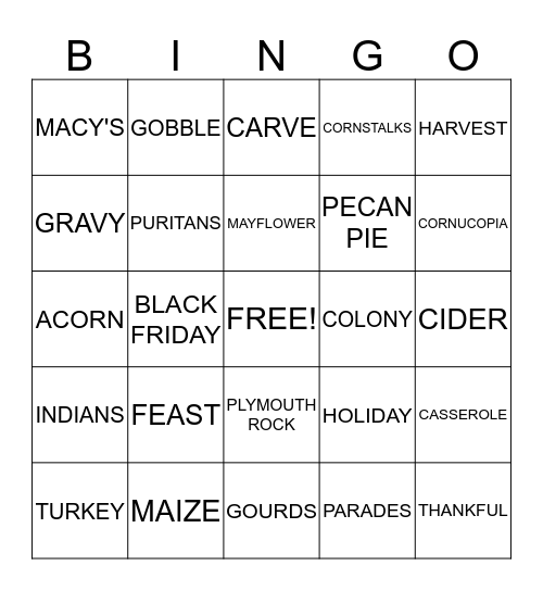 THANKSGIVING 2014 Bingo Card
