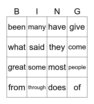 Vocabulary Bingo Card