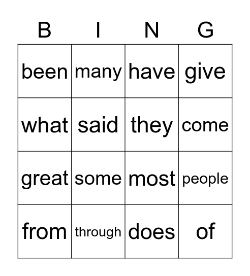 Vocabulary Bingo Card