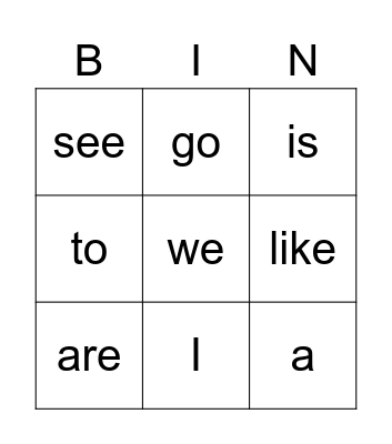 Sight Words Bingo Card