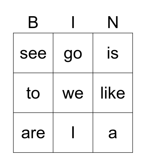 Sight Words Bingo Card
