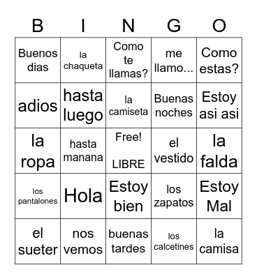 Spanish Words Bingo Card