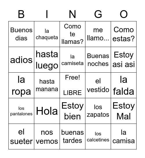 Spanish Words Bingo Card