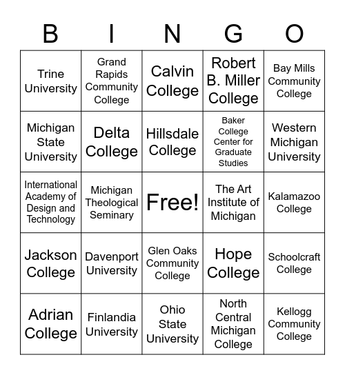 It's Your Choice: College Bingo Card