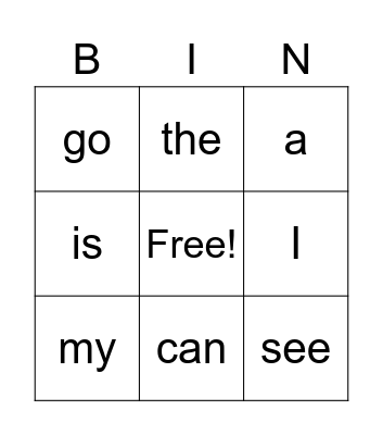 Sight Words Bingo Card