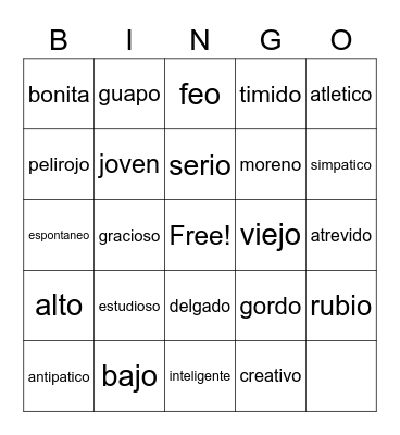 Spanish Adjectives Bingo Card