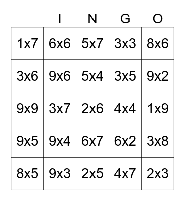 Multiplication Bingo Card