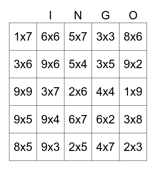 Multiplication Bingo Card