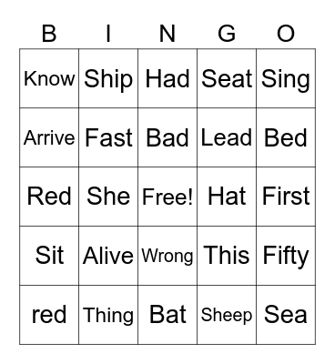 Sight Words Bingo Card