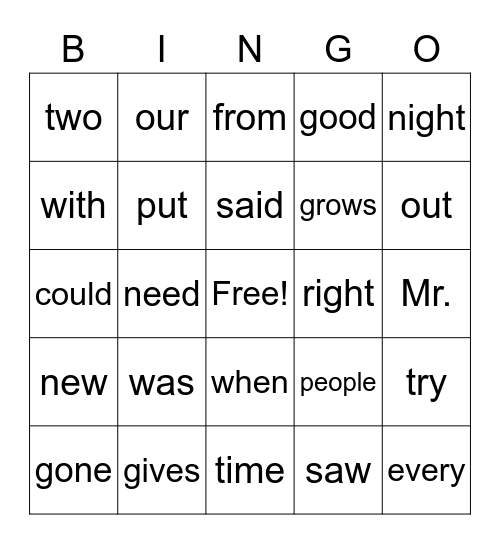 Try Our Best Sight Words, "Try Your Best" Sight Words Bingo Card
