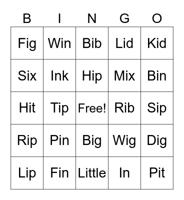Short i Bingo Card
