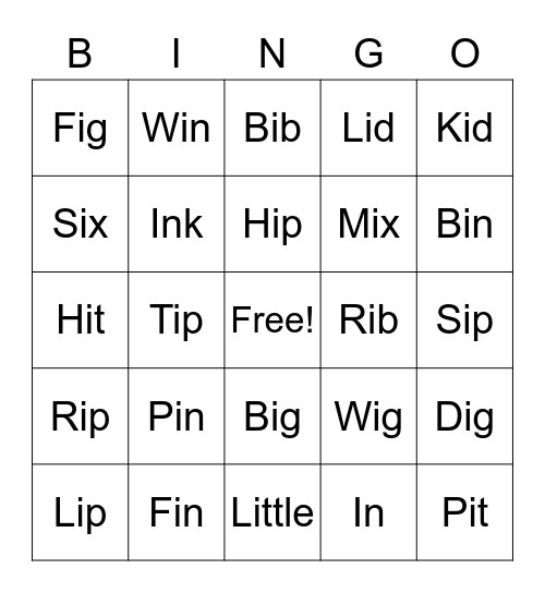 Short i Bingo Card