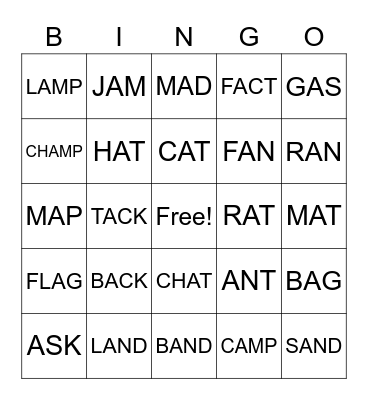 Short A Bingo!, Short A Bingo!  Bingo Card