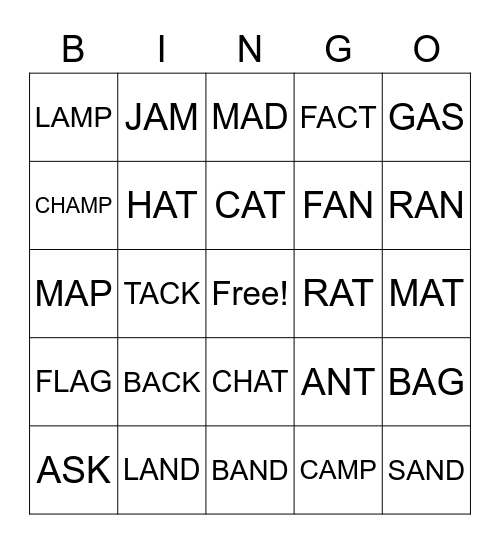 Short A Bingo!, Short A Bingo!  Bingo Card