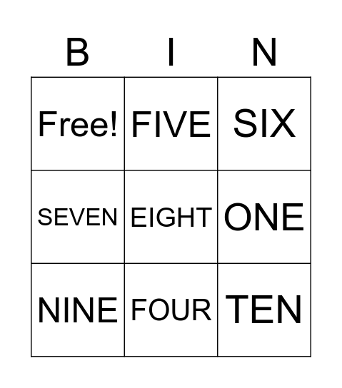 Numbers Bingo Card