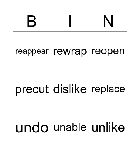 Vocabulary Bingo Card