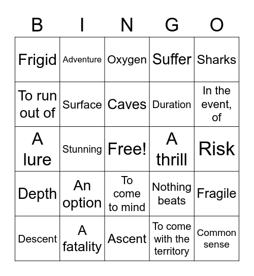 Extreme Diving Bingo Card