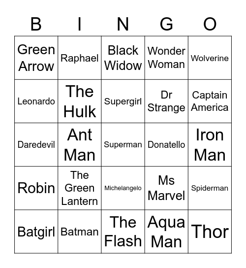 Superheroes Bingo Card
