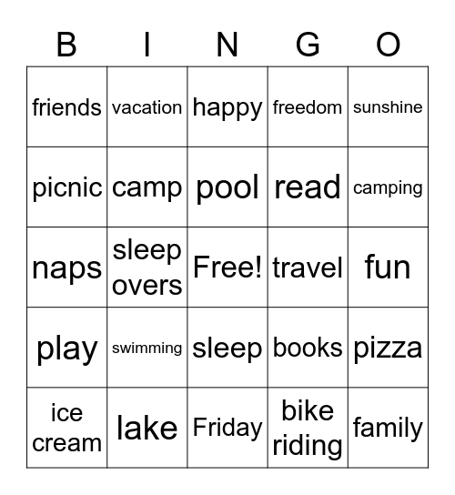 Summer Vacation Bingo Card