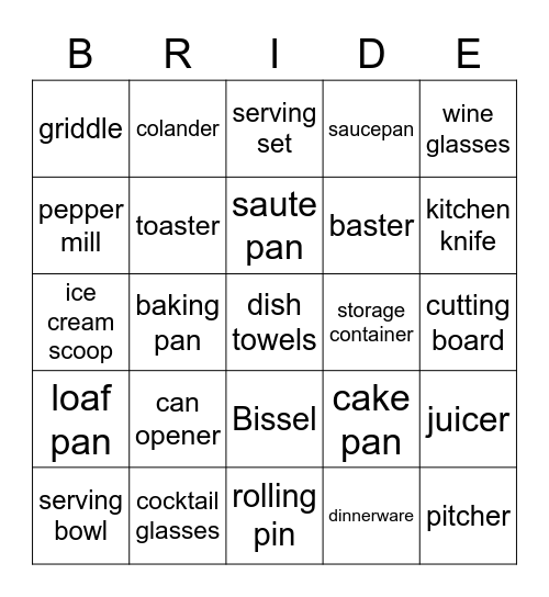 bridal shower Bingo Card