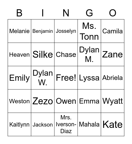 Back to School Bingo Card