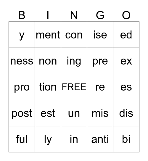 Prefix/Suffix Bingo Card