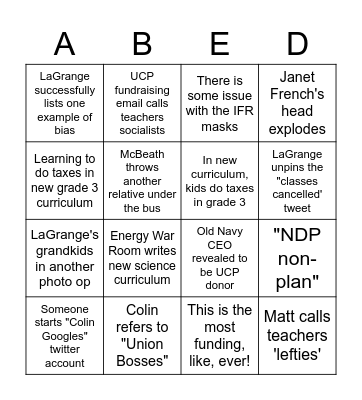 2020 Alberta Back-To-School Bingo Card