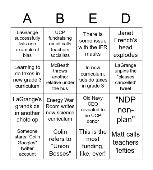 2020 Alberta Back-To-School Bingo Card