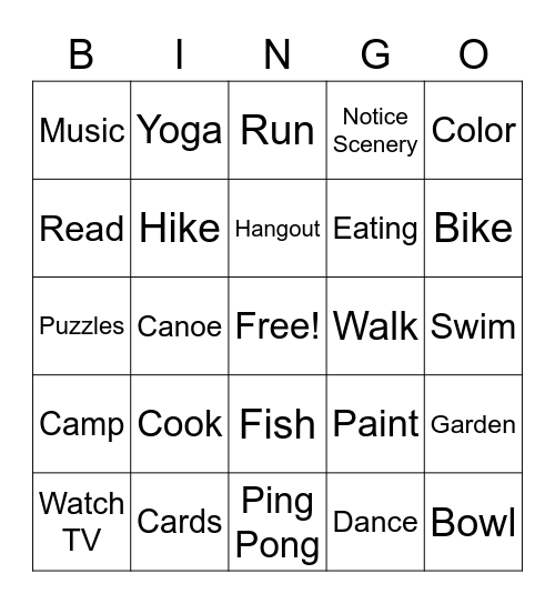 Leisure Bingo Card