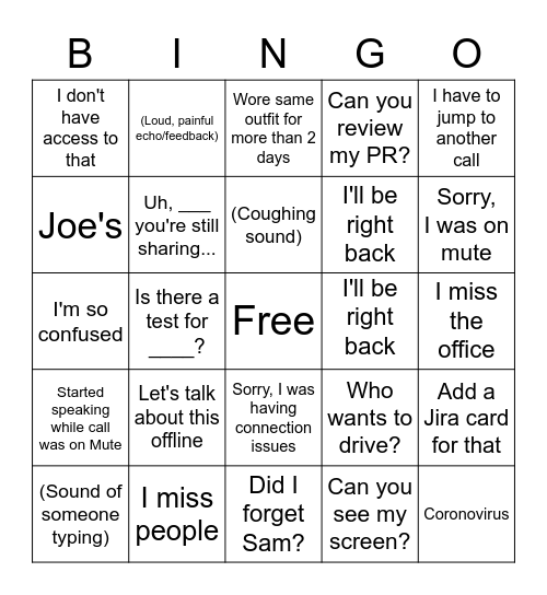 Work From Home Bingo Card