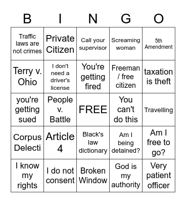 Sovereign Citizen Bingo Card