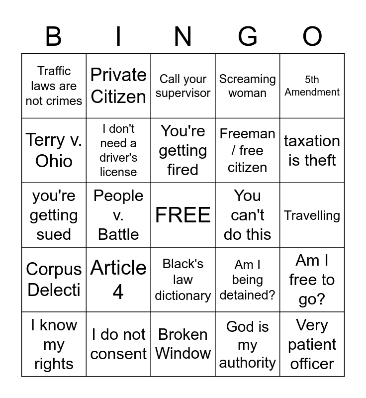 Sovereign Citizen Bingo Card