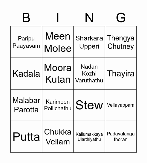 Kerala Food Bingo Card