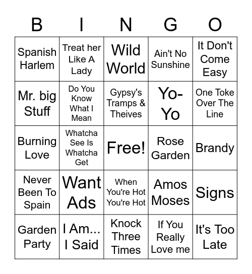 70s Hits Beefs Bingo Card